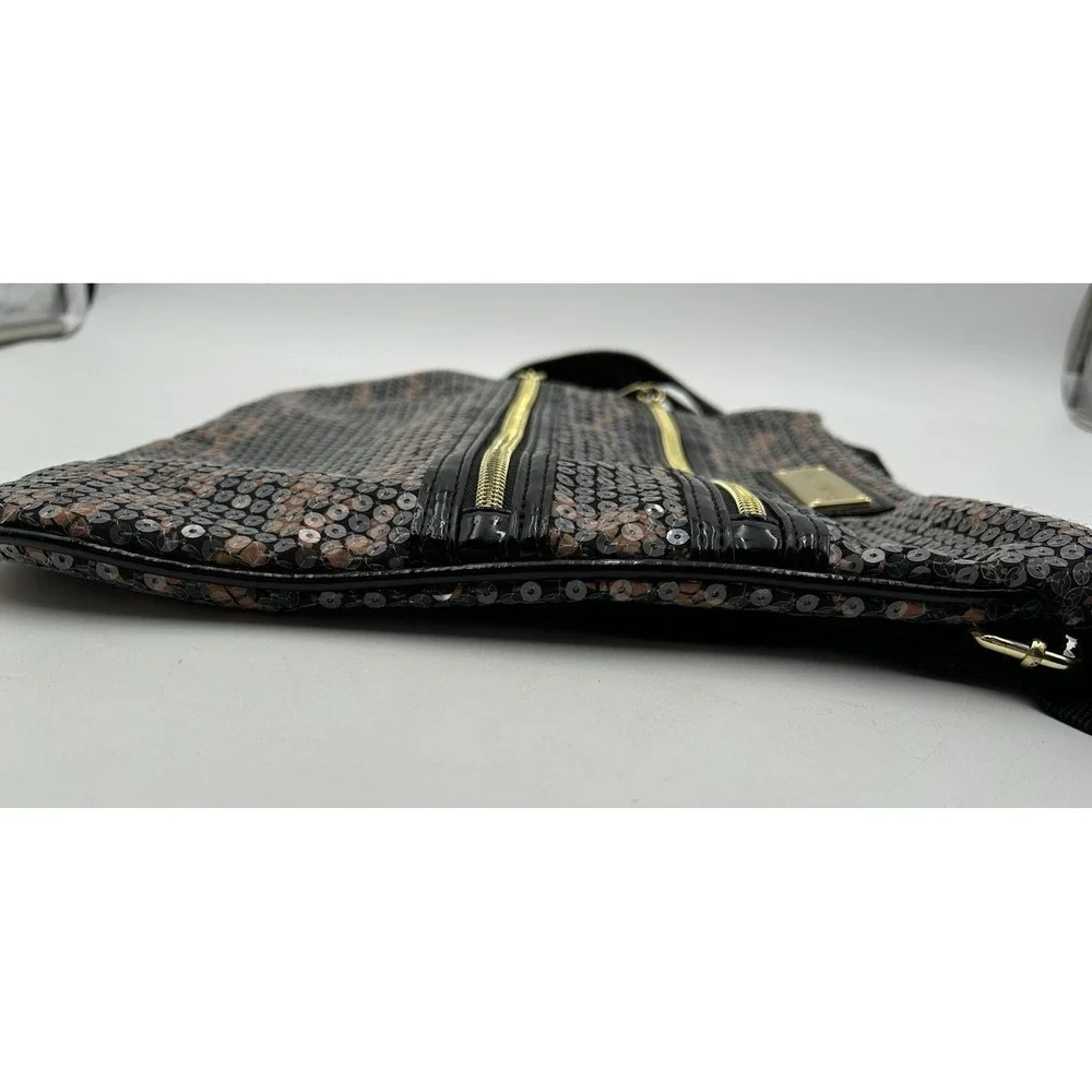 Betsey Johnson‎ Camo Sequin Crossbody Bag Double Zipper Black & Brown NWOT